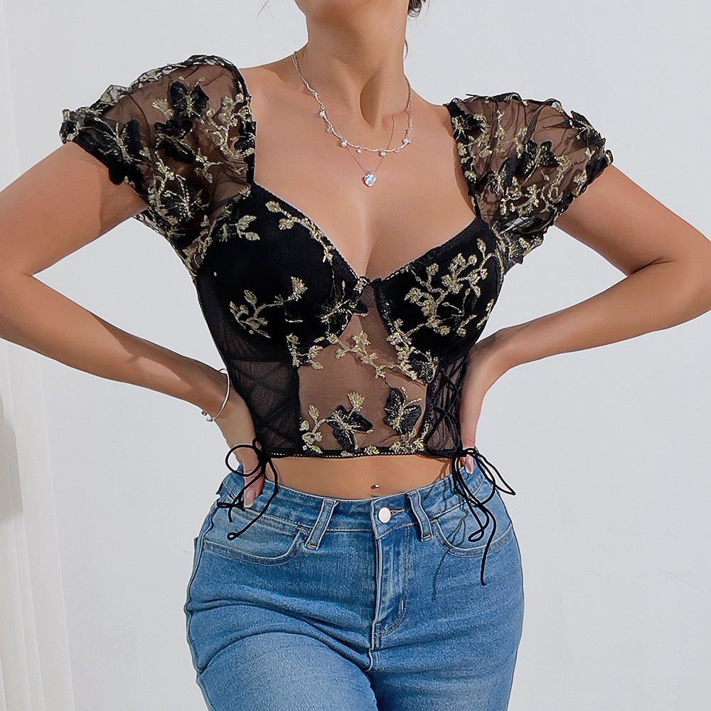Embroidery Sweetheart Neck Short Sleeve Lace Trim Blouse - Seldom Seen Styles