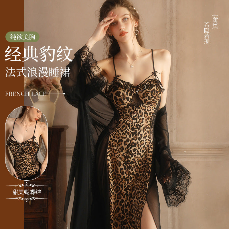 Women's Leopard Print Satin Nightgown French Lace Slip Dress Sexy Spaghetti Strap Sleepwear Maxi Nightdress with Matching Robe - Seldom Seen Styles