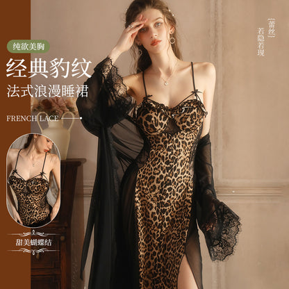 Women's Leopard Print Satin Nightgown French Lace Slip Dress Sexy Spaghetti Strap Sleepwear Maxi Nightdress with Matching Robe