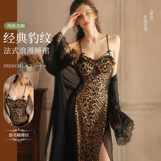 Women's Leopard Print Satin Nightgown French Lace Slip Dress Sexy Spaghetti Strap Sleepwear Maxi Nightdress with Matching Robe - Seldom Seen Styles