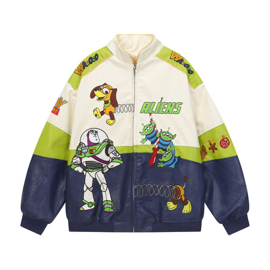 Cartoon Embroidered PU Leather Jacket Contrasting Color Splicing Loose Fit Couple Casual Streetwear Trendy Outerwear | Toon Leather Jacket