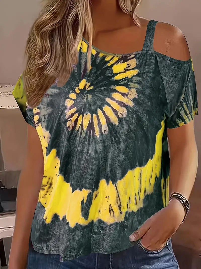 Women's Tie Dye Cold Shoulder T Shirt Casual Loose Fit Short Sleeve Top Summer Plus Size Blouse