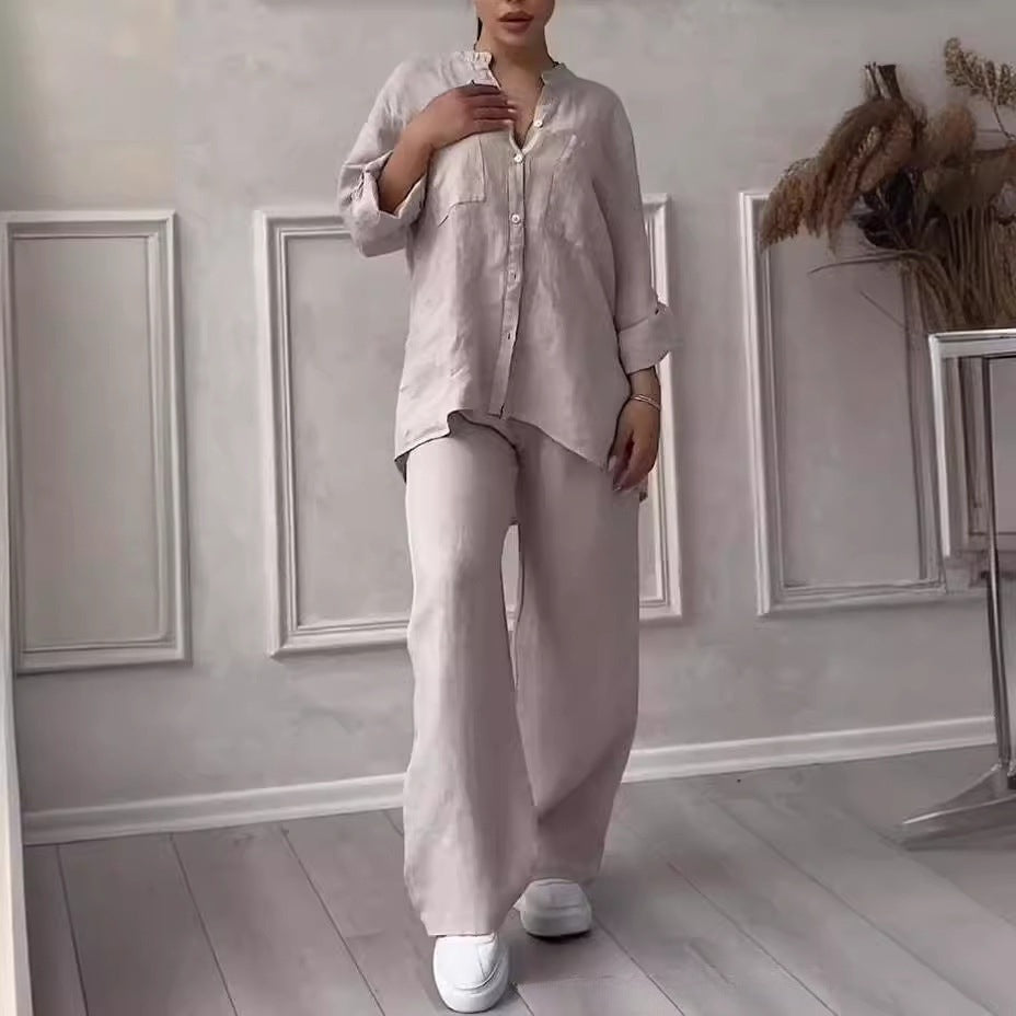 Women's Linen Two Piece Set Button Down Shirt and Wide Leg Pants Casual Matching Outfit Summer Vacation Co Ord Set