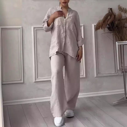 Women's Linen Two Piece Set Button Down Shirt and Wide Leg Pants Casual Matching Outfit Summer Vacation Co Ord Set