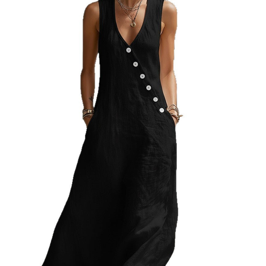 Women's V-Neck Cotton Linen Sleeveless Vest Maxi Dress Casual Summer Beach Vacation Boho Outfit - Seldom Seen Styles