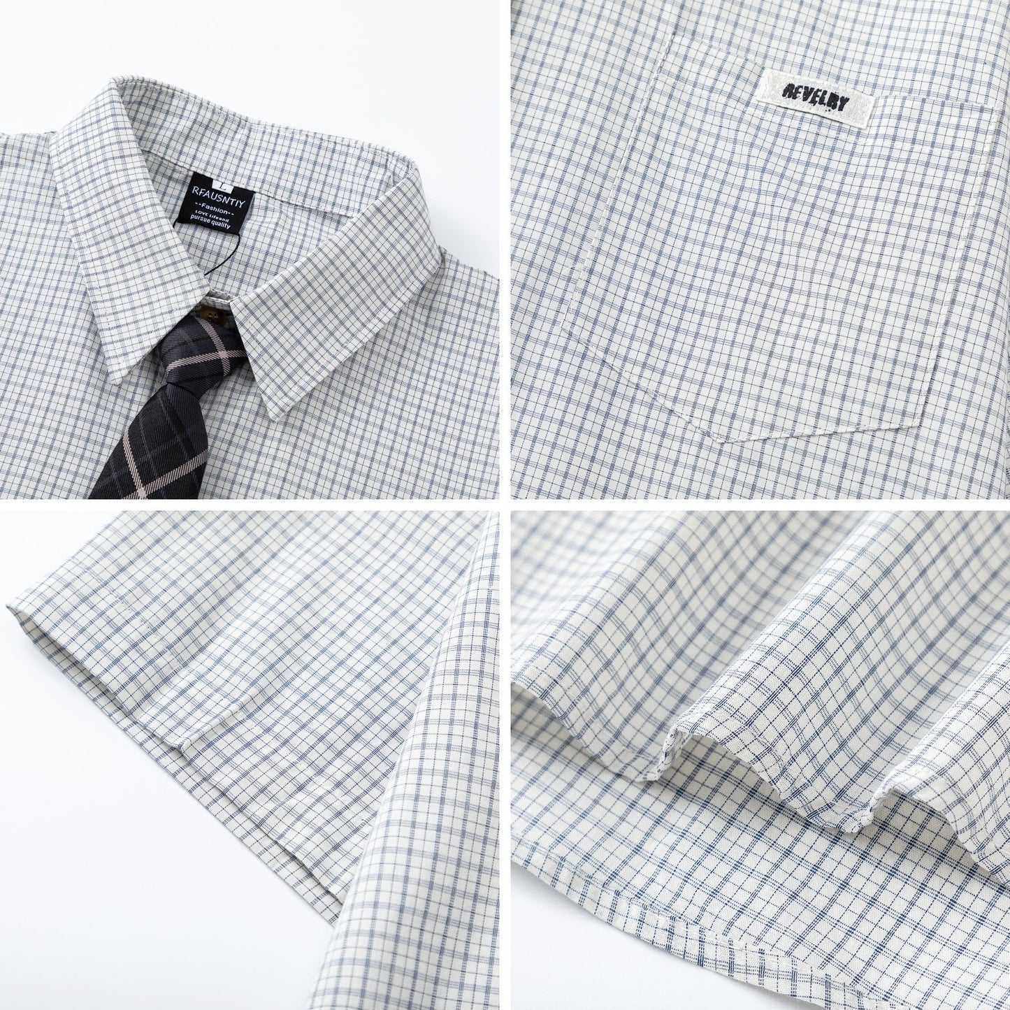 Checkered Short-Sleeve Shirt with Tie 或 Chic Plaid Tie Shirt
