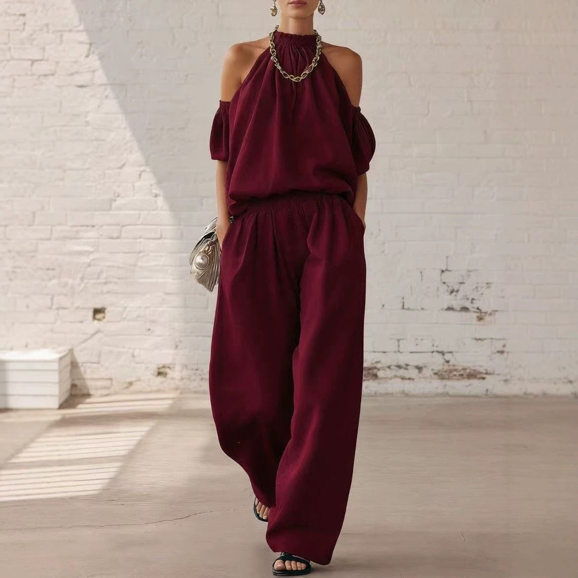 Women's Off Shoulder Top High Waist Wide Leg Pants Casual Two Piece Set Summer Vacation Outfit - Seldom Seen Styles