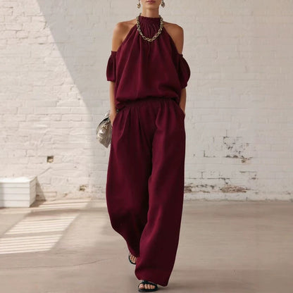 Women's Off Shoulder Top High Waist Wide Leg Pants Casual Two Piece Set Summer Vacation Outfit