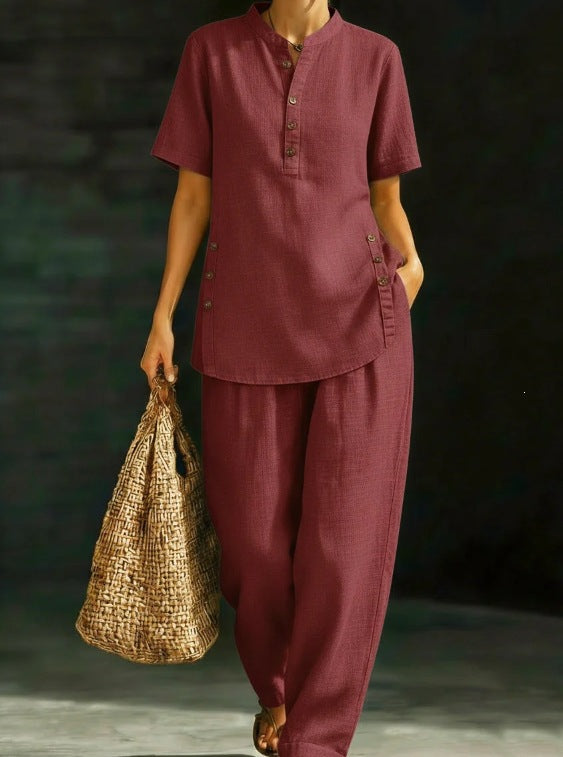 Women's Linen Button Up Shirt Wide Leg Pants Two Piece Set Summer Casual Vacation Outfit Plus Size - Seldom Seen Styles