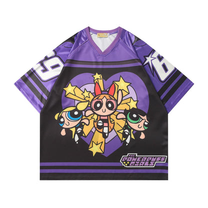 Cartoon Sports Jersey V-Neck Short Sleeve T-Shirt Unisex Loose Fit Retro Splicing Couple Casual Graphic Tee | Jersey Toon