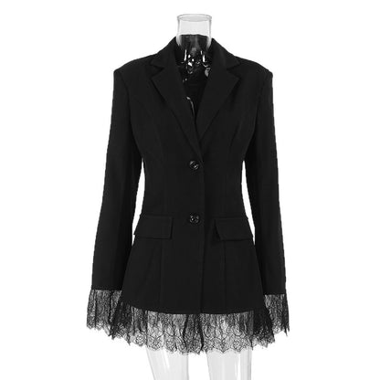 Women's Lace Trim Blazer Elegant Tailored Waist Slim Fit Long Sleeve Suit Jacket