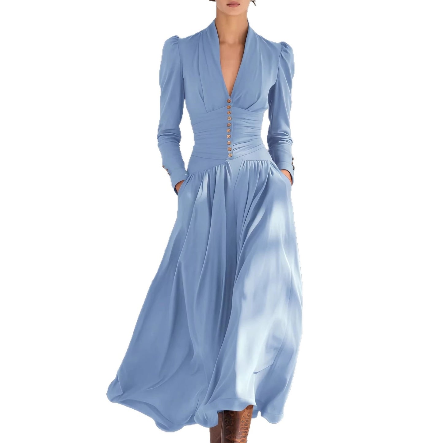 Women's V-Neck Bubble Sleeve Long Sleeve Big Swing Maxi Dress Elegant Waist Fall Winter Casual Dress Plus Size - Seldom Seen Styles