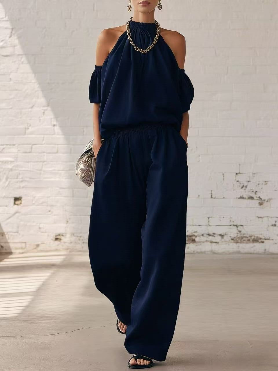 Women's Off Shoulder Top High Waist Wide Leg Pants Casual Two Piece Set Summer Vacation Outfit - Seldom Seen Styles