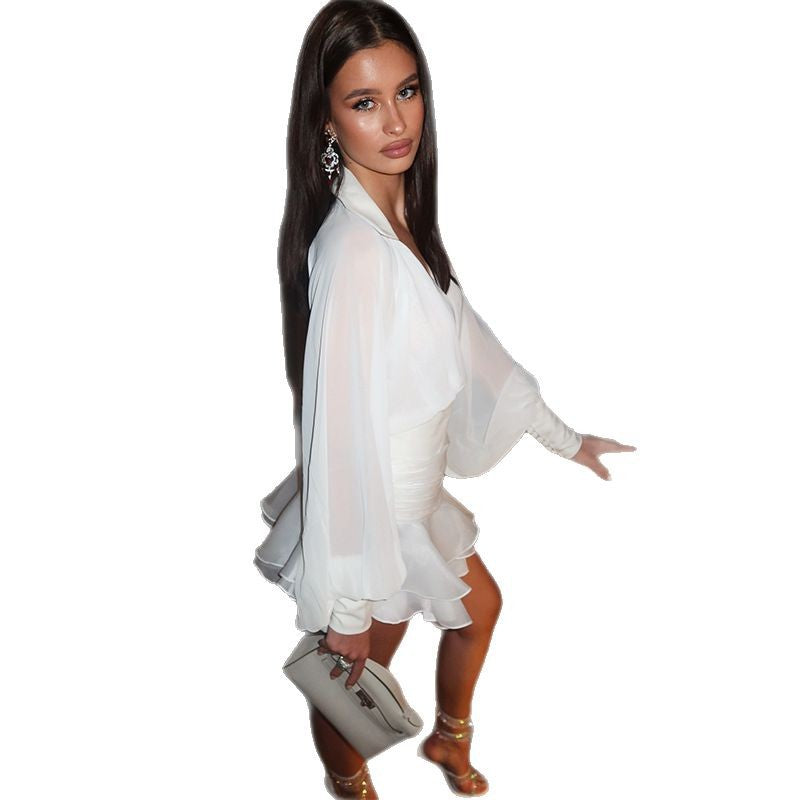 Women's summer new sweet and fresh V-neck lantern sleeves high waist slim dress short skirt - Seldom Seen Styles