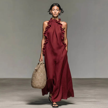 Women's Ruffle Collar Sleeveless Loose Maxi Dress Elegant Summer Vacation Beach Long Dress