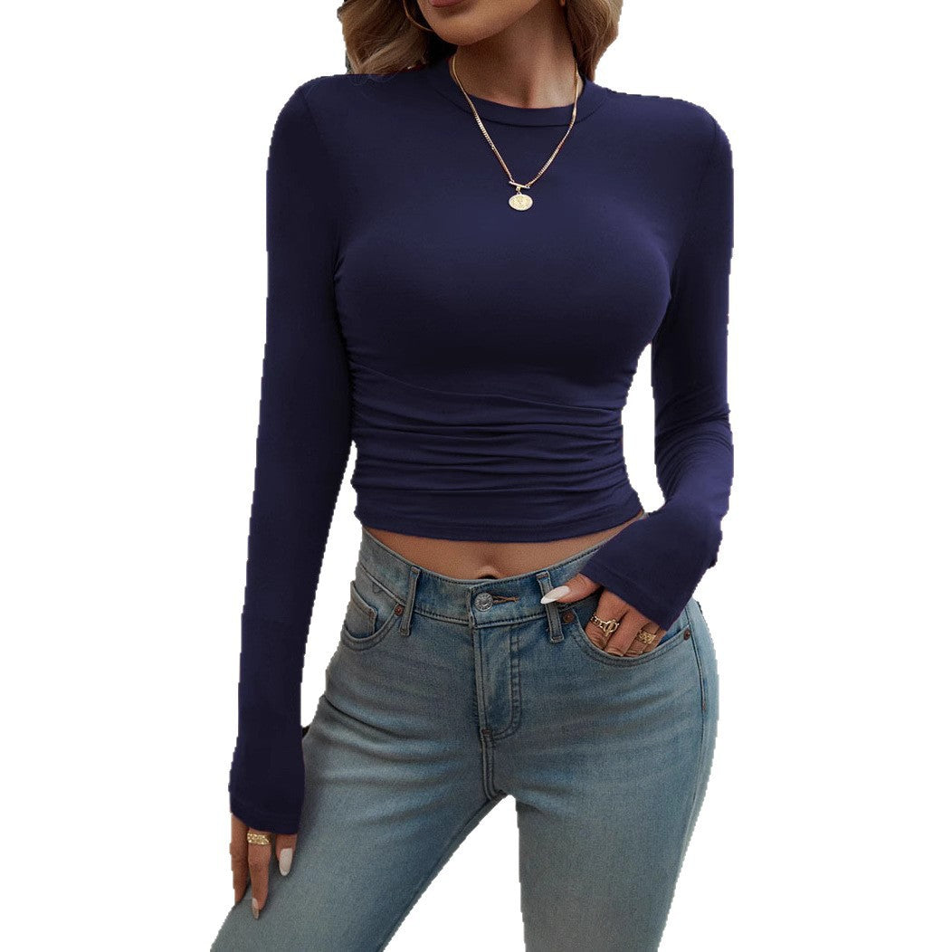 Women's Ruched Long Sleeve Crop Top Crew Neck Slim Fit Basic Tee Stretch Going Out Top
