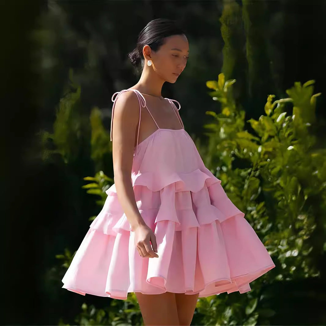 Suspender dress summer multi-layer ruffle edge cake dress short backless suspender dress - Seldom Seen Styles