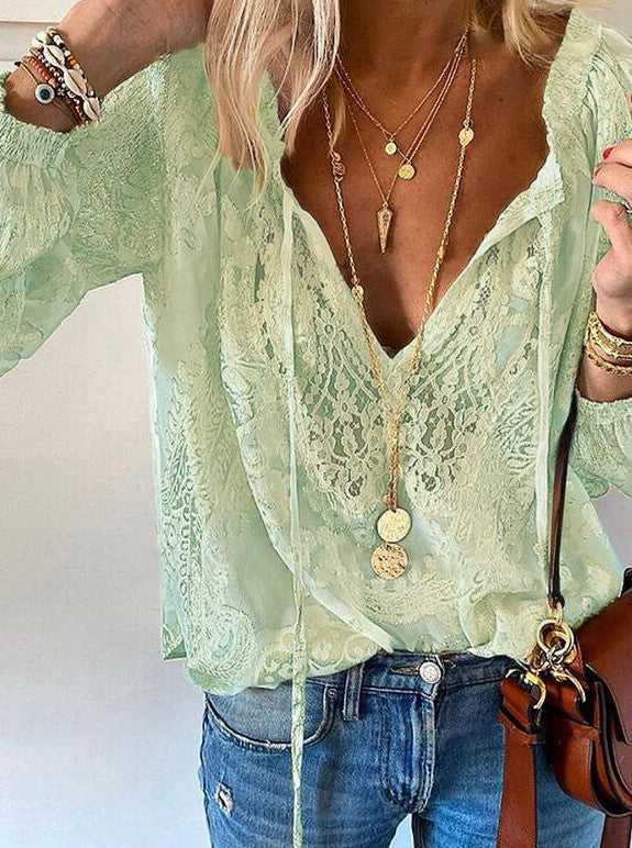 Women's Lace Blouse V Neck Long Sleeve Boho Top Floral Lace Peasant Shirt Casual Elegant Tunic