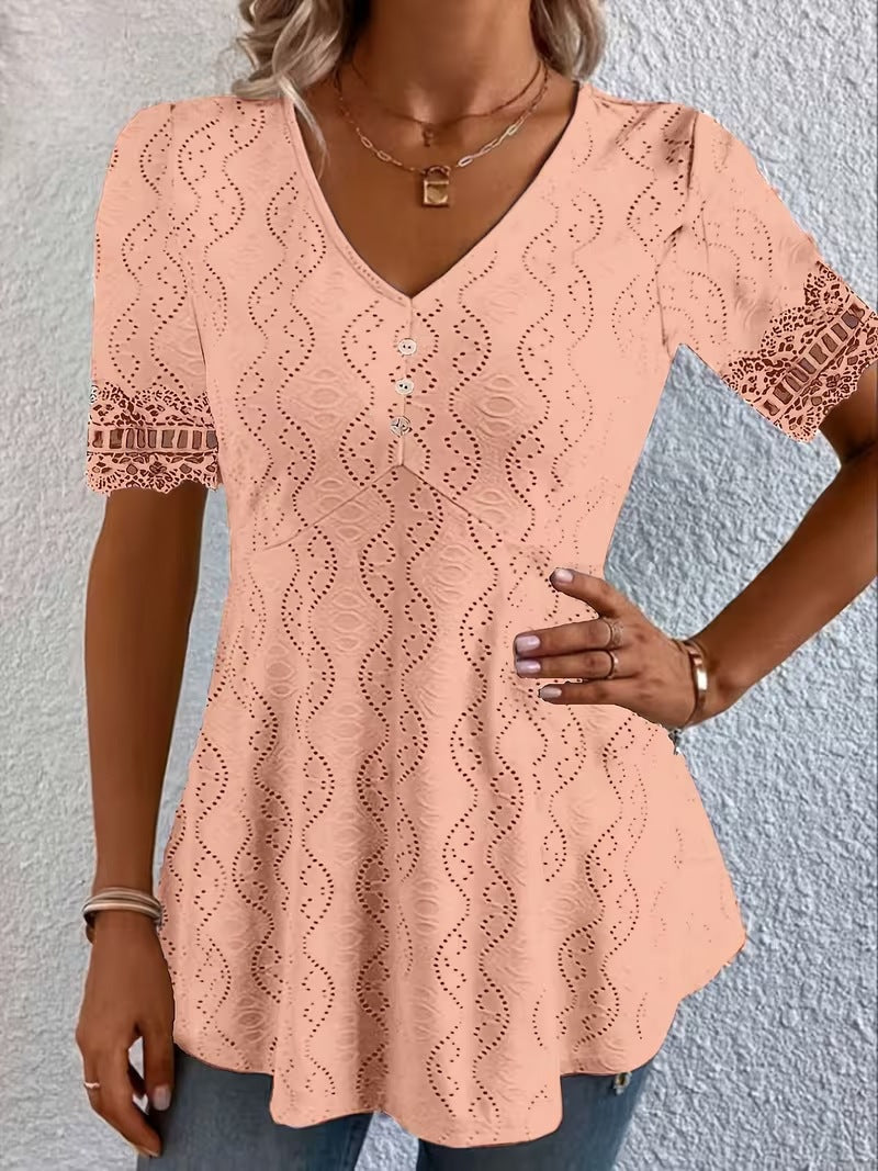 Women's V Neck Eyelet Lace Blouse Short Sleeve Tunic Top Casual Summer Shirt Boho Crochet Trim Top - Seldom Seen Styles