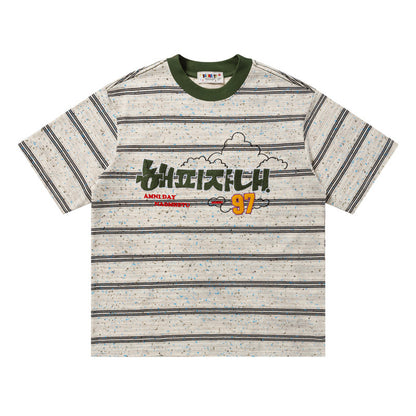 Crew Neck Short Sleeve Striped Graphic Print T-Shirt Loose Oversized Korean Style Cloud Letter Casual Summer Top | Cloud Stripe