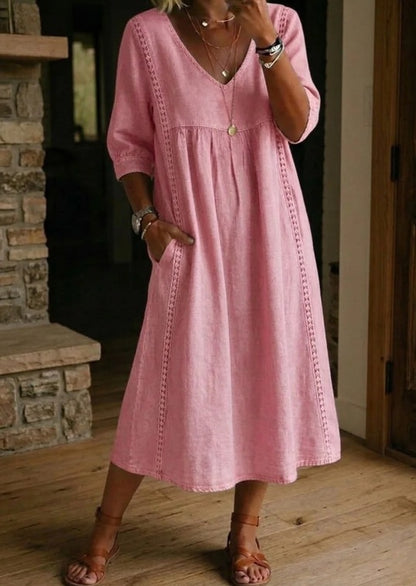 Women's V-Neck Lace Trim Linen Cotton Dress Loose Casual Summer Beach Vacation Dress