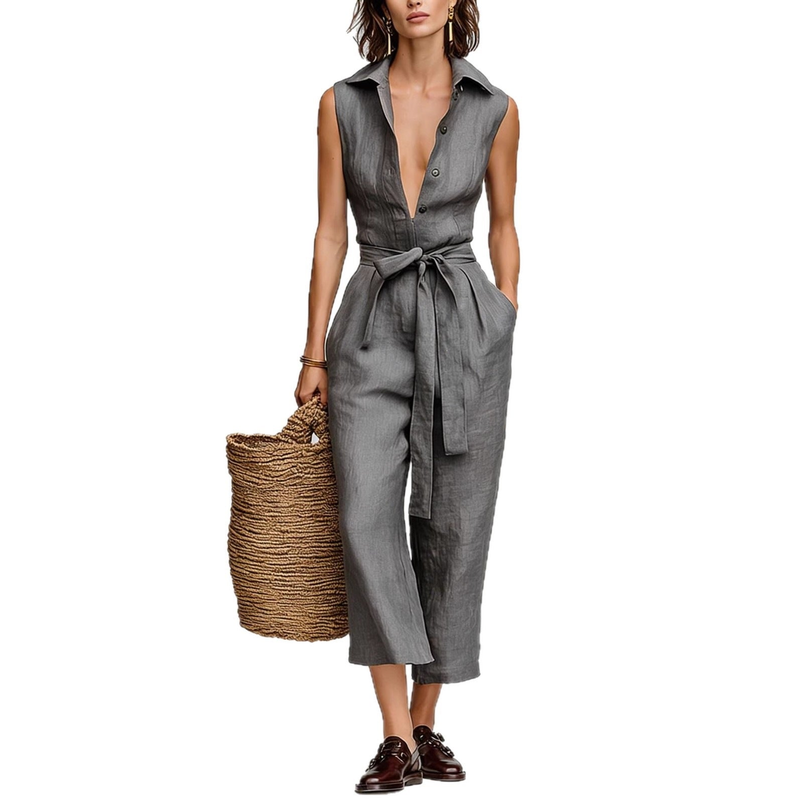 Women's Linen Blend Sleeveless V-Neck Belted Jumpsuit Casual Summer Vacation Outfit - Seldom Seen Styles