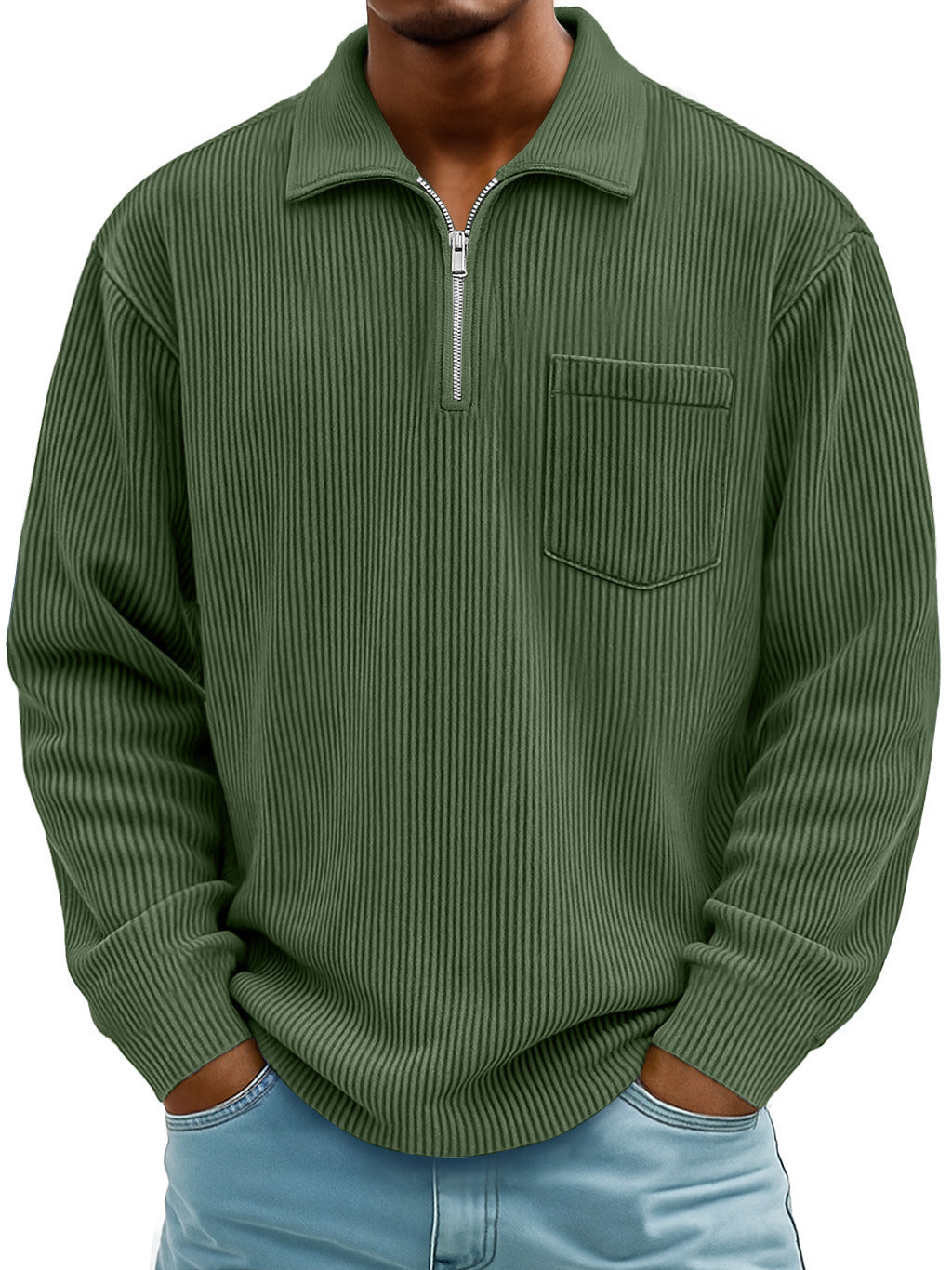Men's Ribbed Quarter Zip Pullover Sweater Casual Long Sleeve Knit Polo Sweatshirt with Pocket