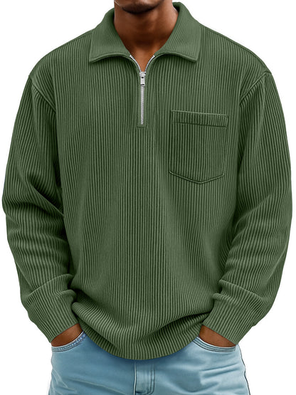 Men's Ribbed Quarter Zip Pullover Sweater Casual Long Sleeve Knit Polo Sweatshirt with Pocket