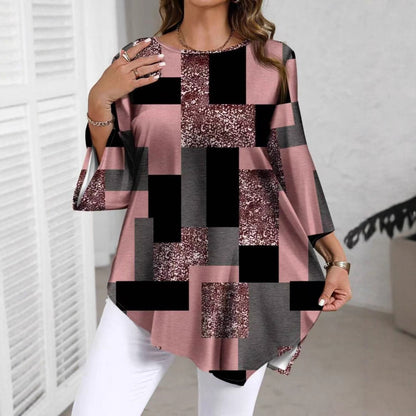 Women's Abstract Print Tunic Top Casual Loose Fit Blouse Asymmetrical Hem 3/4 Sleeve Plus Size Top