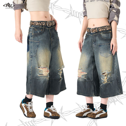 Street Hip-Hop Heavy Wash Ripped Denim Shorts Distressed Retro Cropped Jeans Casual Summer Streetwear Shorts | Grunge Denim