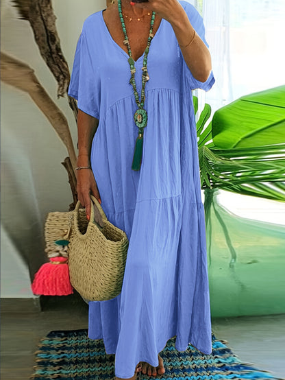 Women's Solid Color Loose V-Neck Short Sleeve Big Swing Maxi Dress Summer Casual Vacation Outfit Plus Size