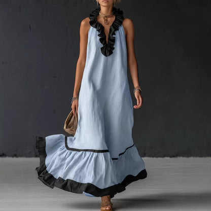 Women's Sleeveless V-Neck Ruffle Maxi Dress Loose Casual Summer Beach Vacation Long Vest Dress