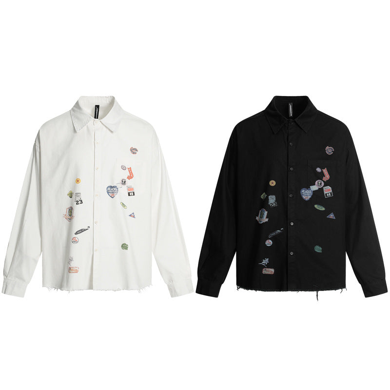 American Cartoon Sticker Print Raw Edge Long Sleeve Shirt Loose Casual Vibe Washed Trendy | Sticker Raw Shirt