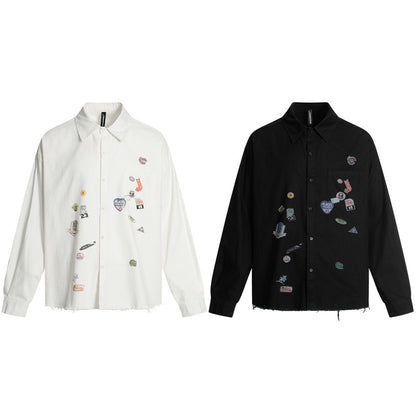 American Cartoon Sticker Print Raw Edge Long Sleeve Shirt Loose Casual Vibe Washed Trendy | Sticker Raw Shirt