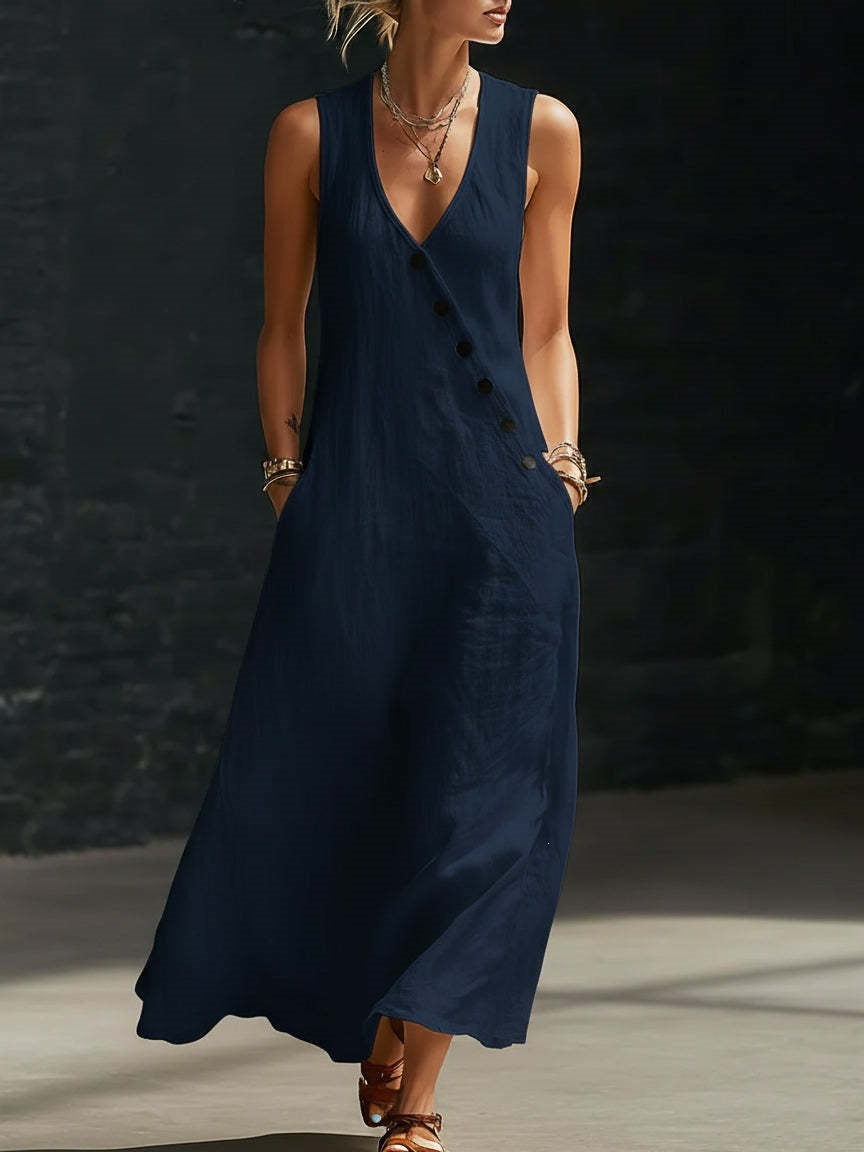 Women's V-Neck Cotton Linen Sleeveless Vest Maxi Dress Casual Summer Beach Vacation Boho Outfit - Seldom Seen Styles