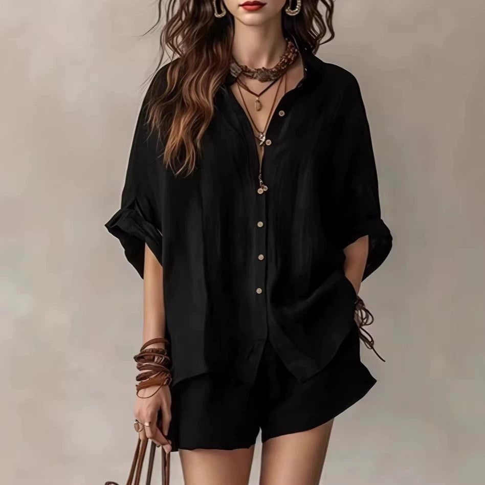 Women's Solid Color Loose Button Shirt Shorts Two Piece Set Casual Summer Outfit Fashion Suit - Seldom Seen Styles