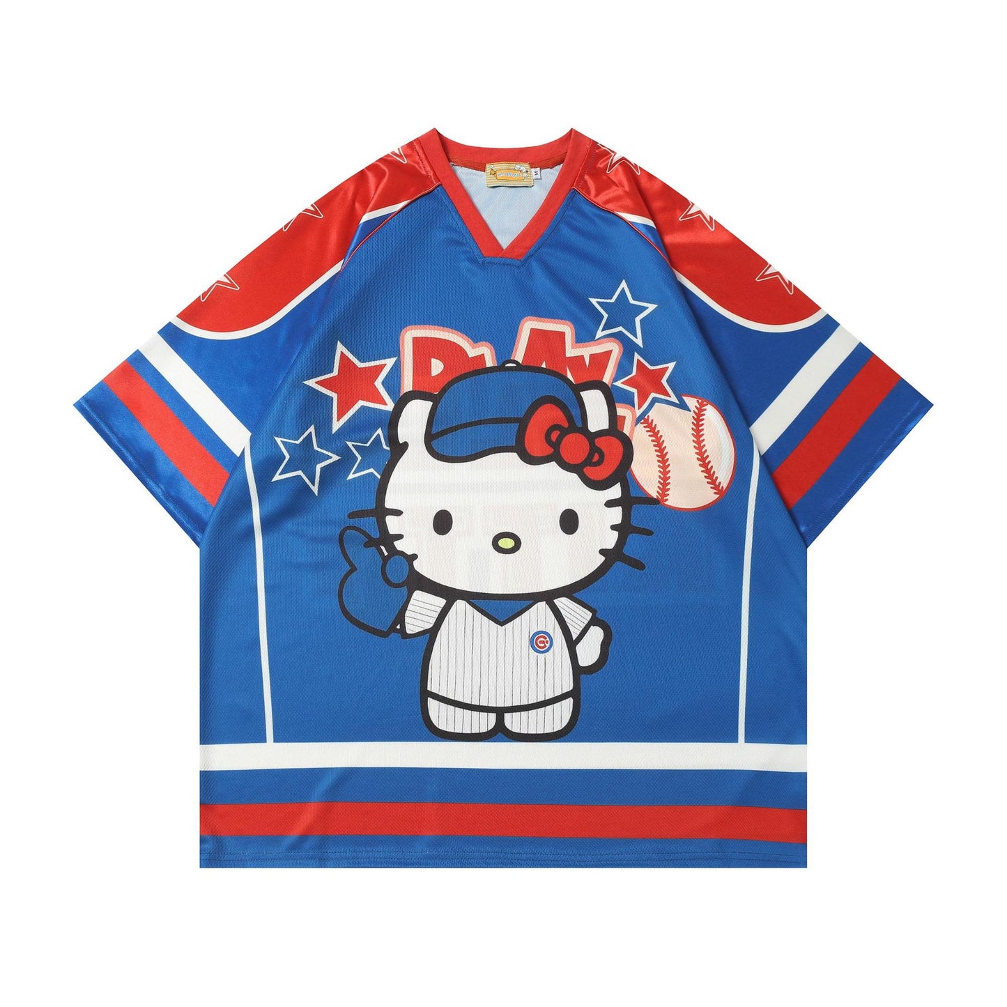 Cartoon Sports Jersey V-Neck Short Sleeve T-Shirt Unisex Loose Fit Retro Splicing Couple Casual Graphic Tee | Jersey Toon