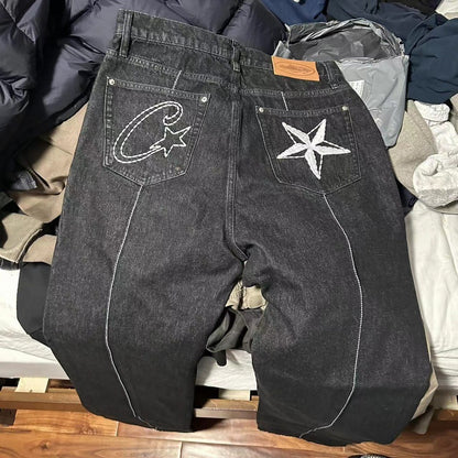 Men's Star Embroidered Denim Shorts Baggy Jorts Loose Fit Streetwear Jean Shorts Y2K Skate Shorts