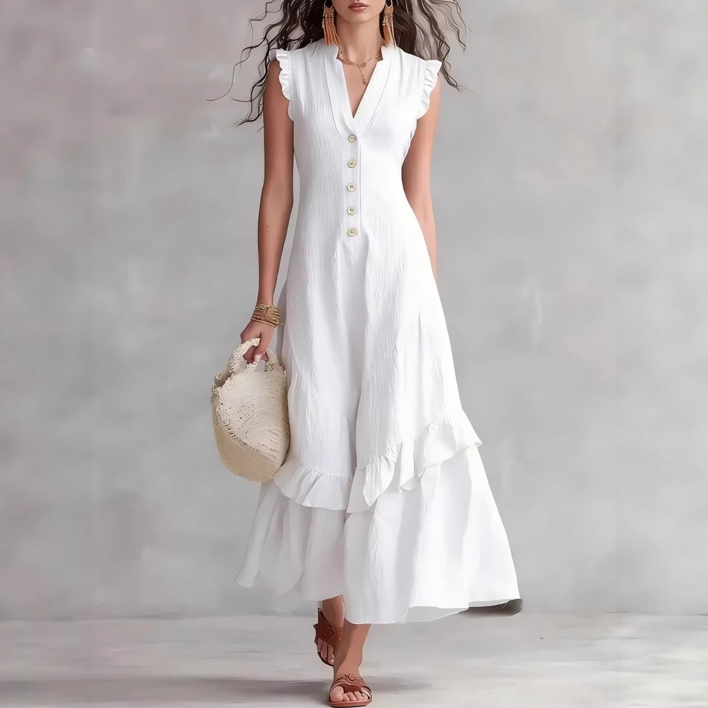 Women's Cotton Linen Maxi Dress Sleeveless V Neck Button Front Ruffle Hem Boho Summer Dress with Pockets - Seldom Seen Styles