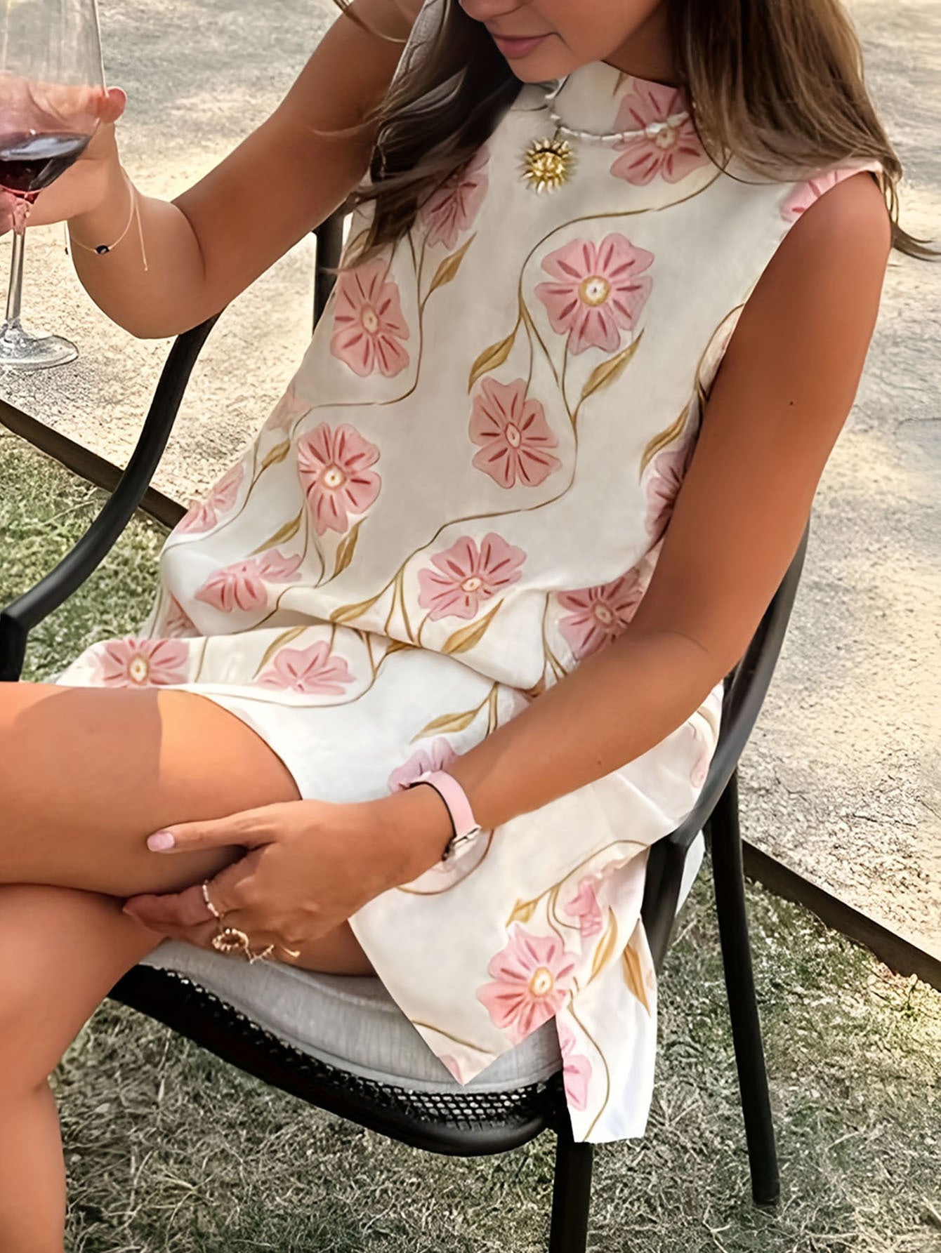 Women's summer new casual pink flower round neck sleeveless vest dress - Seldom Seen Styles