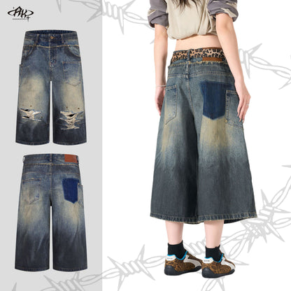 Street Hip-Hop Heavy Wash Ripped Denim Shorts Distressed Retro Cropped Jeans Casual Summer Streetwear Shorts | Grunge Denim