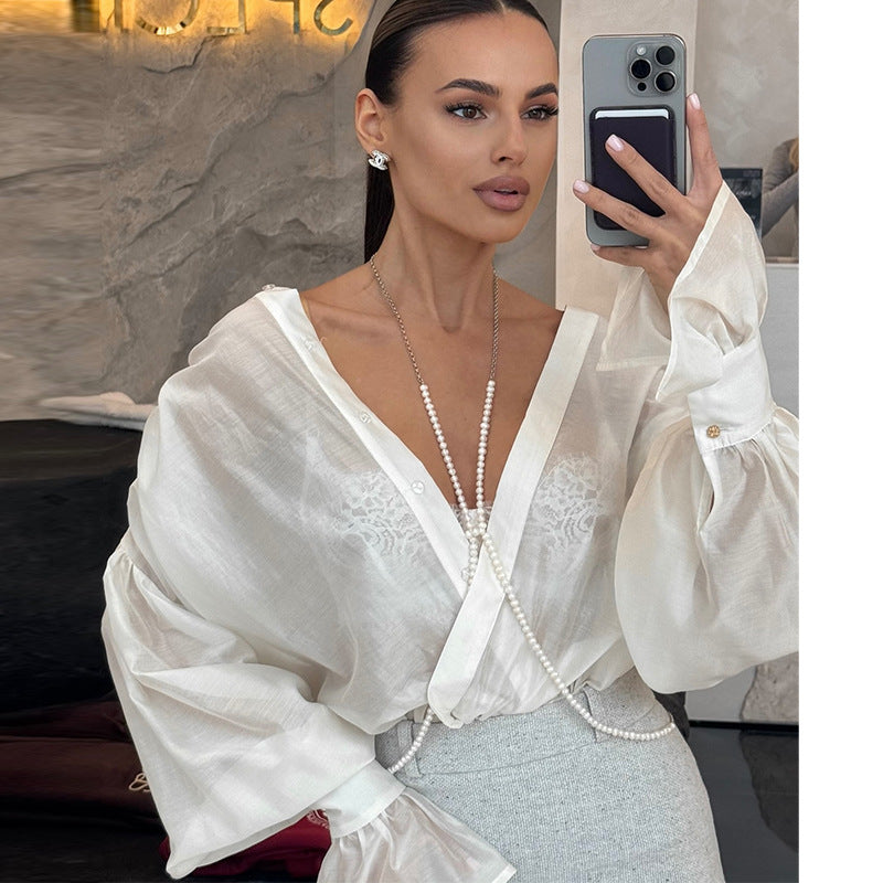 Women's summer new sweet and fresh loose lapel lantern sleeve long sleeve shirt women's top - Seldom Seen Styles