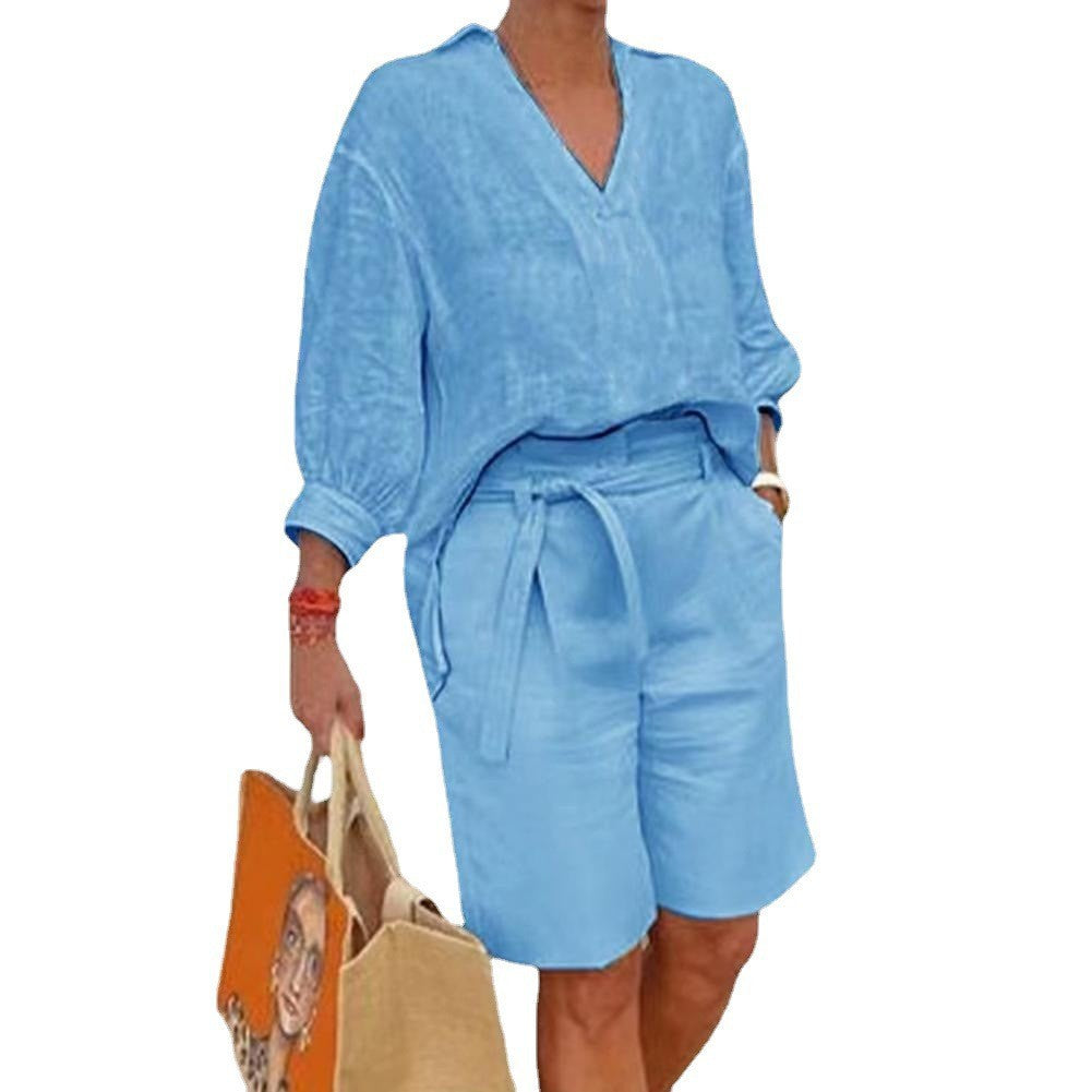 Women's Linen Two Piece Set V Neck Blouse and High Waist Shorts Casual Summer Matching Outfit