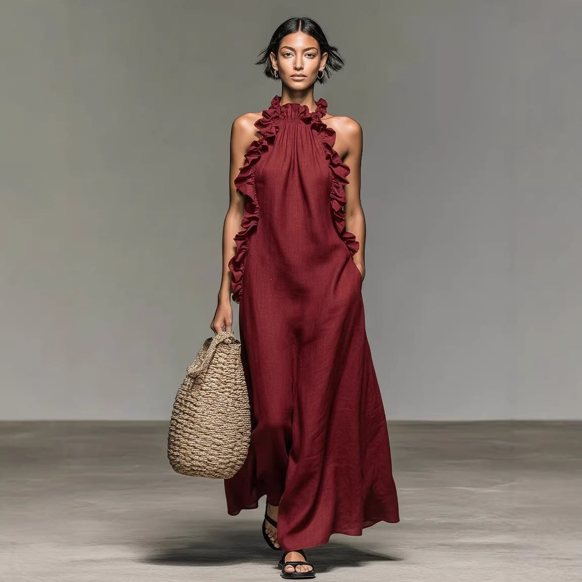 Women's Ruffle Collar Sleeveless Loose Maxi Dress Elegant Summer Vacation Beach Long Dress - Seldom Seen Styles
