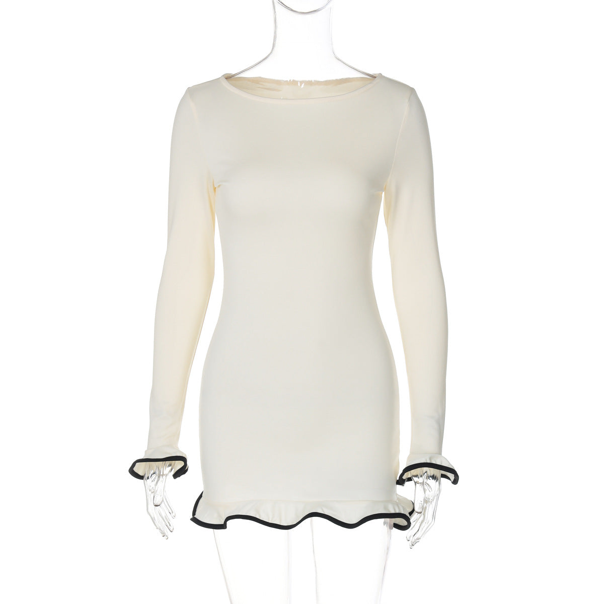 Sexy tight short skirt ruffle edge dress crimped knitted skirt long sleeve solid color women's summer dress - Seldom Seen Styles
