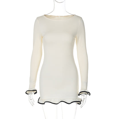 Sexy enger kurzer Rock Rüschensaum Kleid gekräuselter Strickrock Langarm einfarbig Damen Sommerkleid