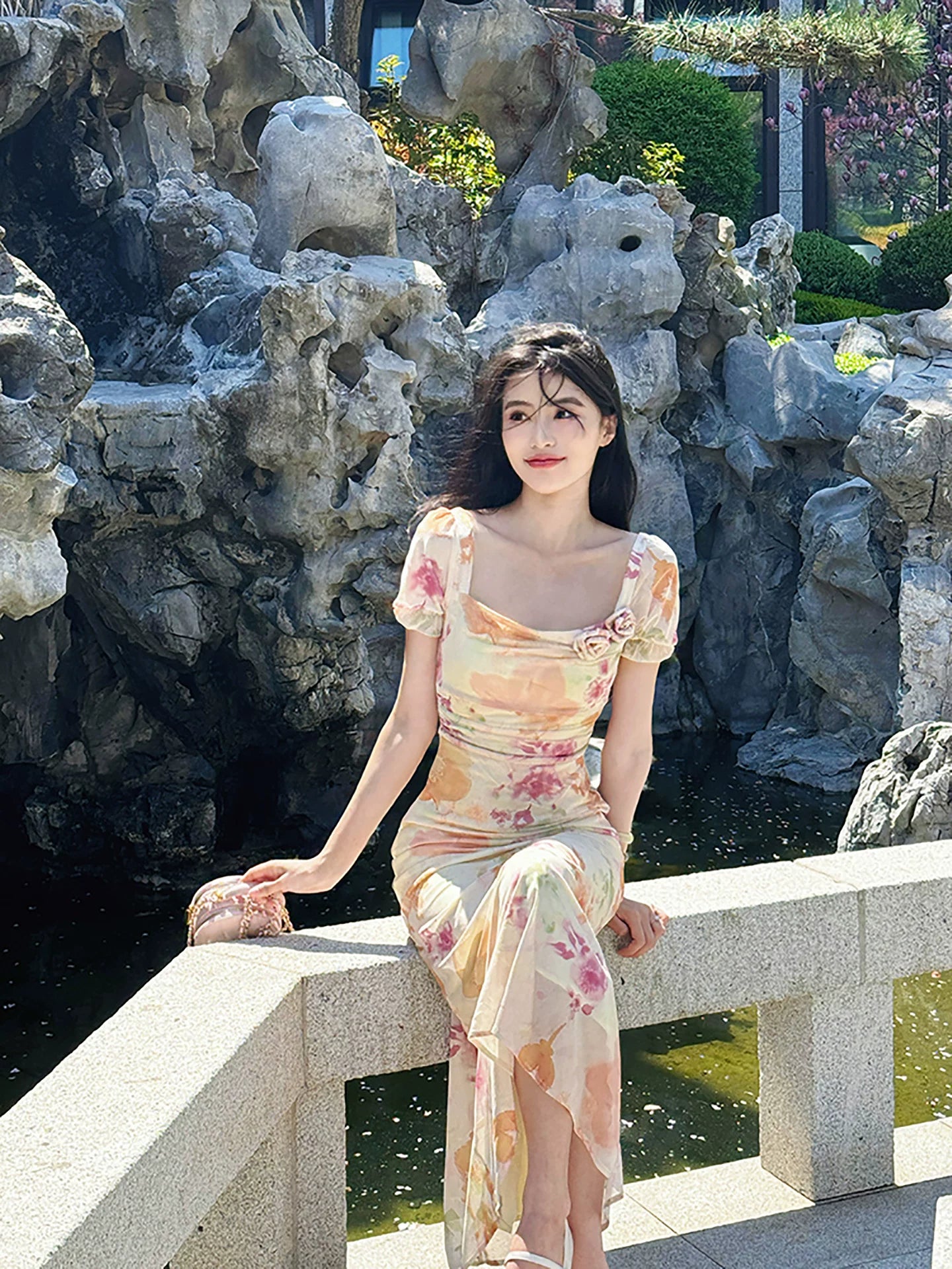 French Vintage Square Neck Floral Midi Dress – Slim Fit Fishtail Elegant Dress for Women - Seldom Seen Styles