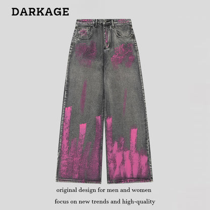 DARKAGE Vintage Washed Mud-Dyed Pink Paint Wide-Leg Jeans