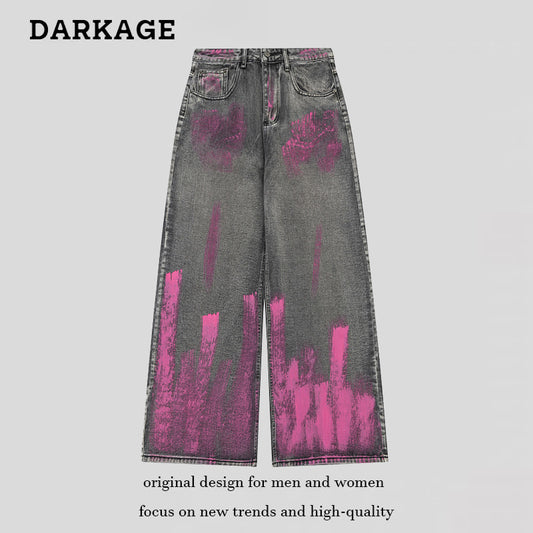 DARKAGE Vintage Washed Mud-Dyed Pink Paint Wide-Leg Jeans