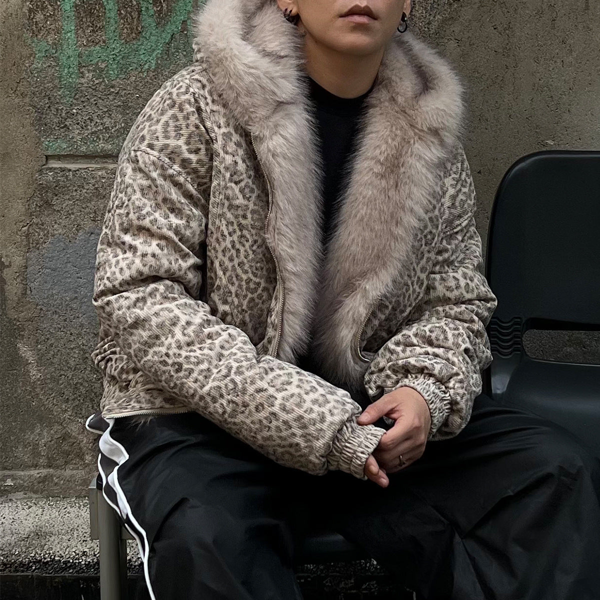 Retro Leopard Fur Collar Padded Bomber Jacket